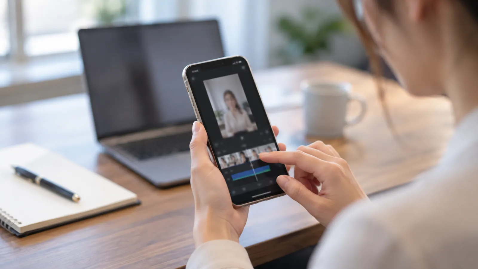 スマートフォンで縦型動画を編集する手元
