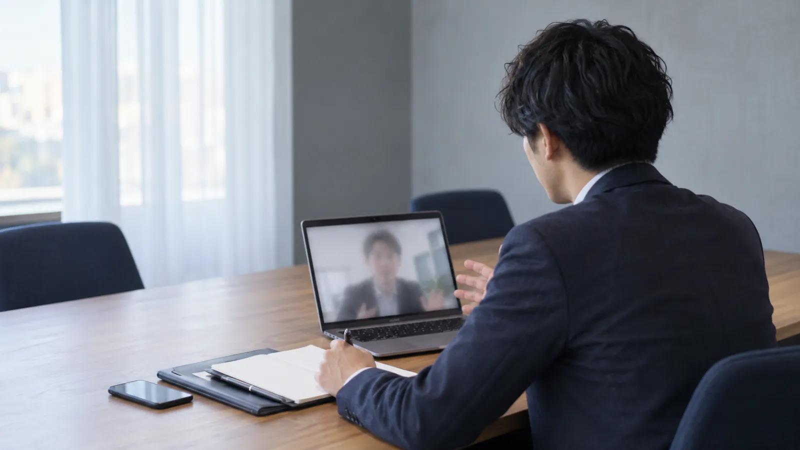 ノートパソコンでオンライン商談をする担当者